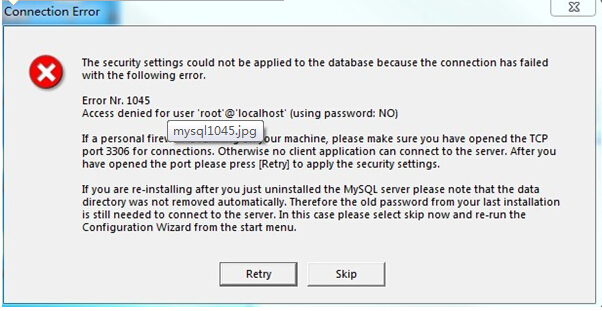 安装mysql时出现error Nr.1045怎么办